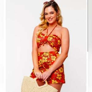 Free People Red and Yellow Floral Crop Top